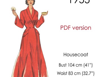 1950s Housecoat robe sewing pattern, with shawl collar and double-breasted button front. Original vintage size, bust 104 cm (41")