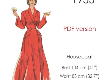 1950s Housecoat robe sewing pattern, with rever collar and double-breasted button front. Original vintage size, bust 104 cm (41&quot;)