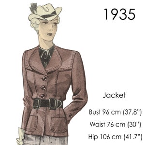 Modello giacca anni '30. Giacca con carré e tasche. Taglia vintage originale per un busto 96 cm (37"-38")