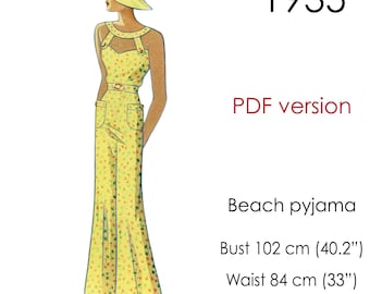 May include: A yellow floral beach pyjama jumpsuit with a halter neckline, belted waist, and two front pockets, paired with a wide-brimmed hat. Text includes 1935, PDF version, Beach pyjama, Bust 40.2 inches, Waist 33 inches, and Hip 42.5 inches.