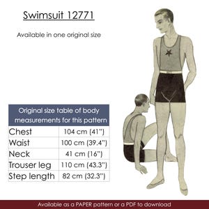 May include: Vintage swimsuit pattern illustration. The image shows a man in a gray tank top with a star, black shorts, and a seated figure in a similar outfit. Measurements are provided: chest 41", waist 39.4", neck 16", trouser leg 43.3", and step length 32.3".