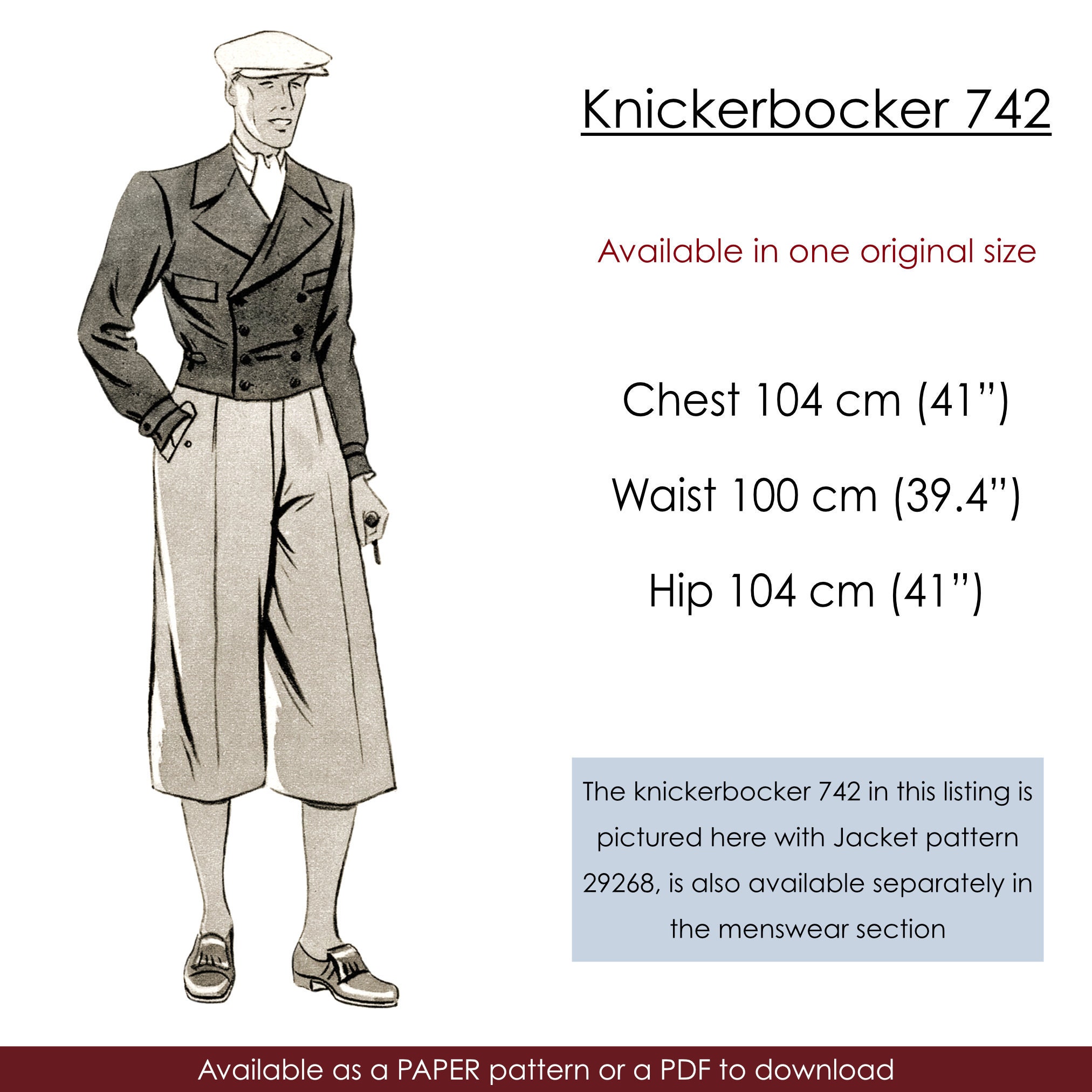 1930s Men's Knickerbocker Pattern. Plus-fours Pattern