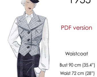 1930s Waistcoat pattern, Vest pattern with peaked notched collar. Vintage original size bust 90 cm / 35" - 36"