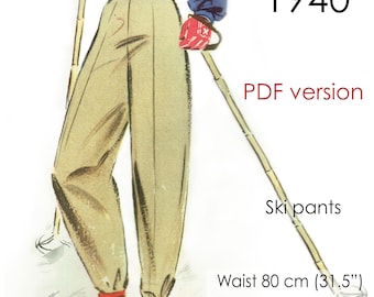 1940s Ski pants pattern, in-seam pockets, button-fly and tapered leg. Original vintage size for 80 cm/31.5" waist and 110 cm/ 43" hip