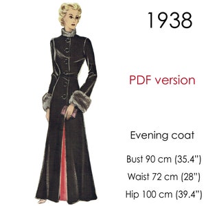May include: A black evening coat with a fur collar and cuffs. The coat has a long, flowing silhouette and a single row of buttons down the front. The model is wearing a red dress underneath the coat. The text "1938 PDF version" and measurements for bust, waist, and hip are included in the image.