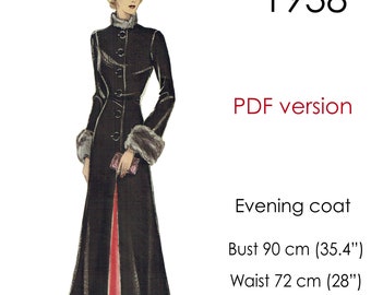 Long evening coat pattern. 1930s coat for velvet. Original vintage size for 90 cm / 35" - 36" bust