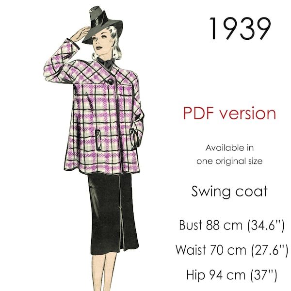 Late 1930s Swing coat sewing pattern. Short swing coat with yoke and flared pleated back. Original vintage size for bust 88 cm/ 34" - 35"