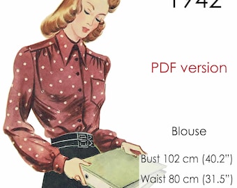 1940s Blouse pattern. Long pointed collar. Original vintage size: bust 102 cm (40")