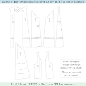 May include: A collection of white pattern pieces for a vintage coat design, including a 5/8" seam allowance. The pieces are outlined on a white background. Text at the top reads "Outline of pattern pieces including 5/8" seam allowance".