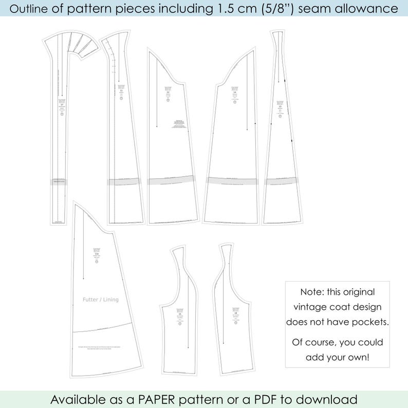 May include: A collection of white pattern pieces for a vintage coat design, including a 5/8" seam allowance. The pieces are outlined on a white background. Text at the top reads "Outline of pattern pieces including 5/8" seam allowance".
