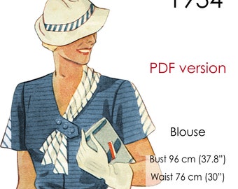 May include: A vintage illustration of a woman wearing a blue and white striped blouse with a white hat and a white scarf. The illustration is from 1934 and includes the text "PDF version" and "Blouse". The text also includes measurements for bust, waist, and hip in both inches and centimeters.