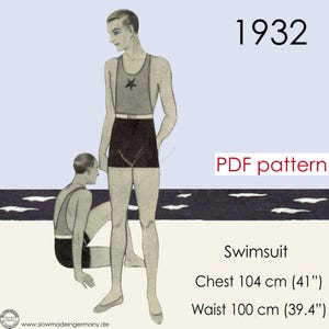May include: Vintage illustration of a 1932 swimsuit pattern. The image shows a man in a gray tank top with a star and black shorts. The text reads "Swimsuit" with chest and waist measurements in inches and centimeters.