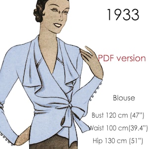1930s Blouse sewing pattern with wrap-over front, waterfall collar and buttoned sleeves. Original vintage bust size, 120 cm (47&quot;)