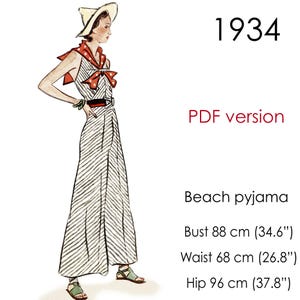 Strandpyjamapatroon uit 1934. Wijde broek en lage V-rug. Borstomvang: 88 cm (34,6")