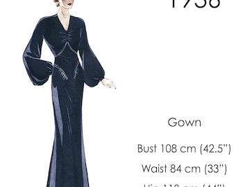 1930s long gown pattern. Original vintage size bust: 108 cm (42" to 43")