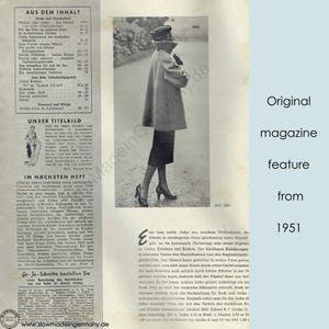 May include: A vintage magazine spread from 1951, featuring a woman in a stylish coat and skirt. The image is in black and white, with text in German. The magazine is titled "Unser Titelbild".