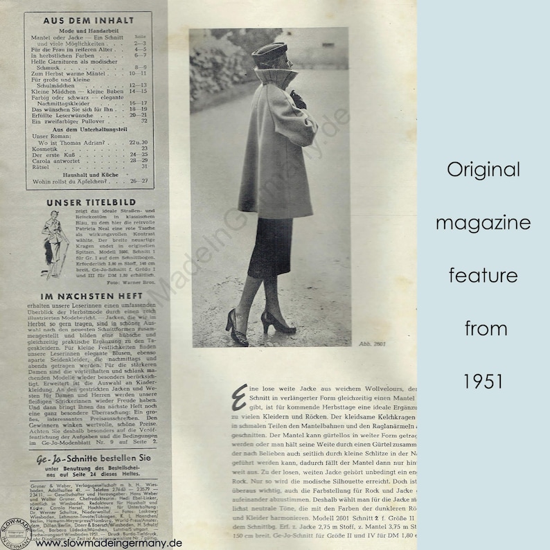 May include: A vintage magazine spread from 1951, featuring a woman in a stylish coat and skirt. The image is in black and white, with text in German. The magazine is titled "Unser Titelbild".