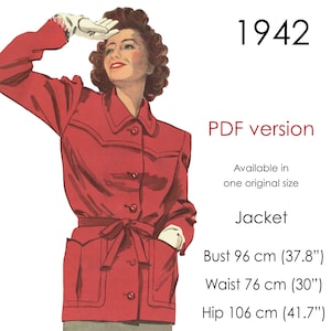 以下が含まれることがあります： ベルトとポケットが付いた赤いジャケットのヴィンテージイラスト。イラストは1942年のもので、"PDF version"というテキストと、バスト、ウエスト、ヒップの寸法がセンチメートルとインチで記載されています。