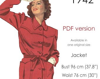 1940s Jacket pattern. Jacket with yoke styling and pockets. Original vintage size 96 cm / 37"-38" bust, as PDF pattern