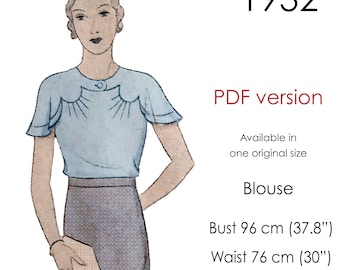 1930s Blouse pattern, with yoke, raglan short flowy sleeves and front pin-tucks. Original vintage size for bust: 96 cm (37.8")