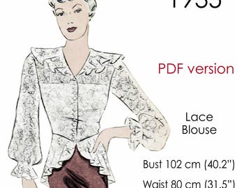 1930s Blouse pattern. Lace fabric, Peplum style. Original vintage size: bust 102 cm (40").