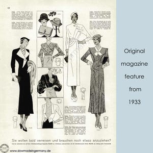 Może przedstawiać: Strona magazynu z 1933 roku w czerni i bieli z ilustracjami damskiej mody. Strona zawiera r&oacute;żne style sukienek, w tym długą białą sukienkę z paskiem, czarną sukienkę z białym kołnierzykiem i czarną sukienkę z białym kołnierzykiem i futrzanym szalem. Tekst na stronie jest w języku niemieckim.