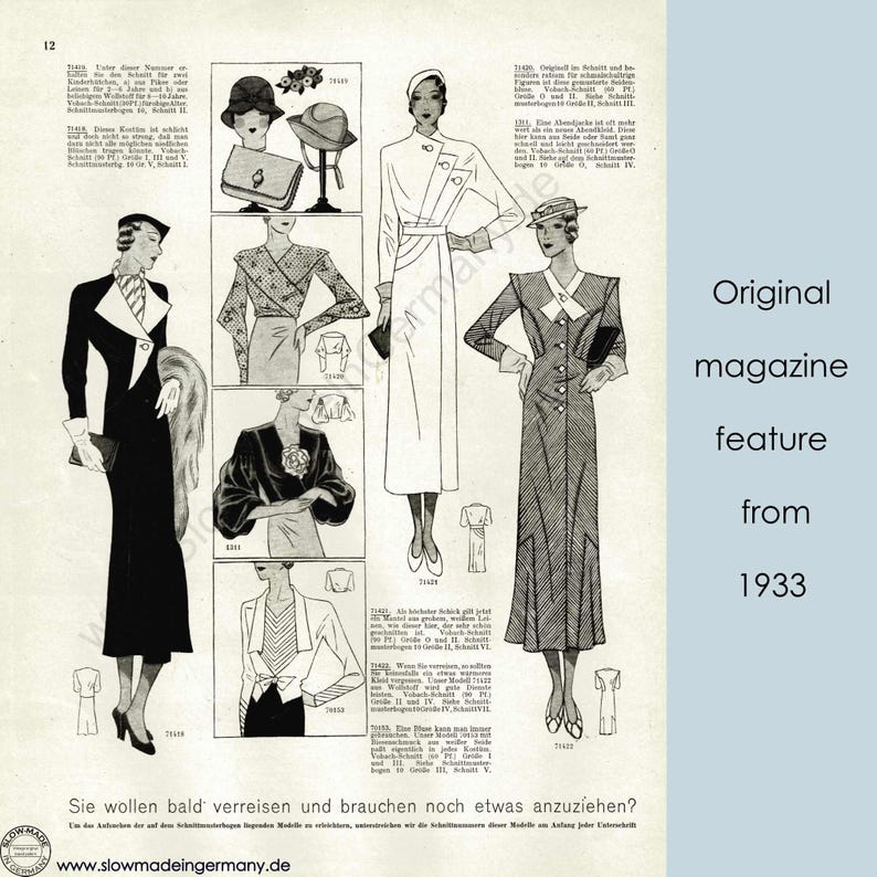Może przedstawiać: Strona magazynu z 1933 roku w czerni i bieli z ilustracjami damskiej mody. Strona zawiera r&oacute;żne style sukienek, w tym długą białą sukienkę z paskiem, czarną sukienkę z białym kołnierzykiem i czarną sukienkę z białym kołnierzykiem i futrzanym szalem. Tekst na stronie jest w języku niemieckim.