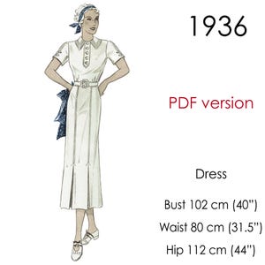 May include: Illustration of a white dress from 1936, featuring a collared neckline, short sleeves, and a belted waist. The dress has a slit in the front and is paired with matching shoes. The bust is 40 inches, waist is 31.5 inches, and hips are 44 inches. The text "PDF version" is also visible.