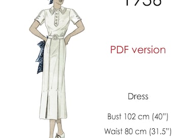 1930s Dress pattern. Button placket, pleated skirt. Original vintage size: bust 102 cm (40")