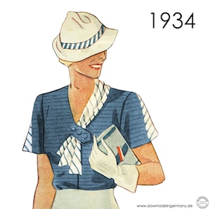 1930er Jahre Bluse mit Schal-Kragen und kurzen Ärmeln mit Plissee-Einsatz. Original Vintage Größen für Büste 96 cm