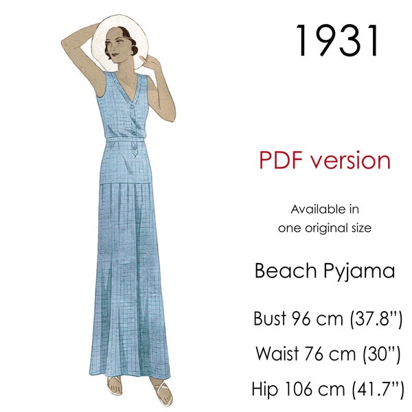 1931 Beach Pyjama sewing pattern. Wide leg pants and a separate sleeveless top. Original vintage size for bust 96 cm (37.8")