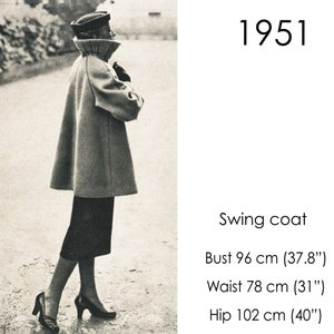 1950s Swing coat pattern with stand-up collar. Original vintage size for bust 96 cm/ 37" -  38"