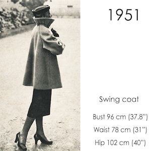 1950s Swing coat pattern. Stand-up collar. Original vintage size: bust 96 cm (38 inches)