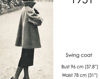 1950s Swing coat pattern. Stand-up collar. Original vintage size: bust 96 cm (38 inches)