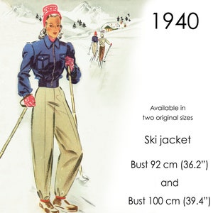 1940s Ski jacket pattern in original vintage sizes: bust 92 cm (36") or 100 cm (39.4"). Waist length jacket with zip front & patch pockets.