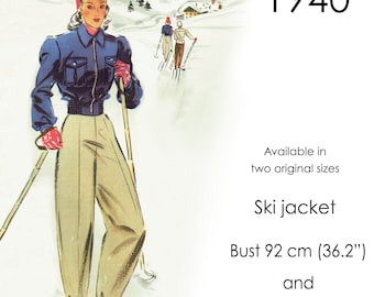 1940s Ski jacket pattern in original vintage sizes: bust 92 cm (36") or 100 cm (39.4"). Waist length jacket with zip front & patch pockets.