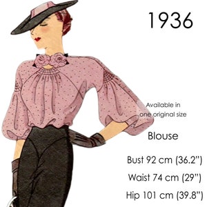 1930s Blouse sewing pattern. Blouse with gathers, shirring, keyhole neckline, flowing raglan sleeves. Original vintage bust size 92 cm/ 36"