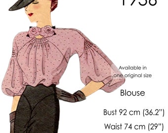 1930s Blouse sewing pattern. Blouse with gathers, shirring, keyhole neckline, flowing raglan sleeves. Original vintage bust size 92 cm (36")