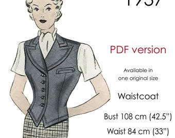 1930s Waistcoat pattern, Vest pattern with peaked notched collar. Original vintage size bust 108 cm (42" - 43")