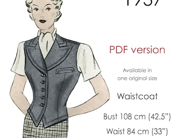 May include: A vintage 1937 waistcoat pattern in PDF format. The pattern is available in one original size. The pattern includes measurements for bust, waist, and hip in inches and centimeters.