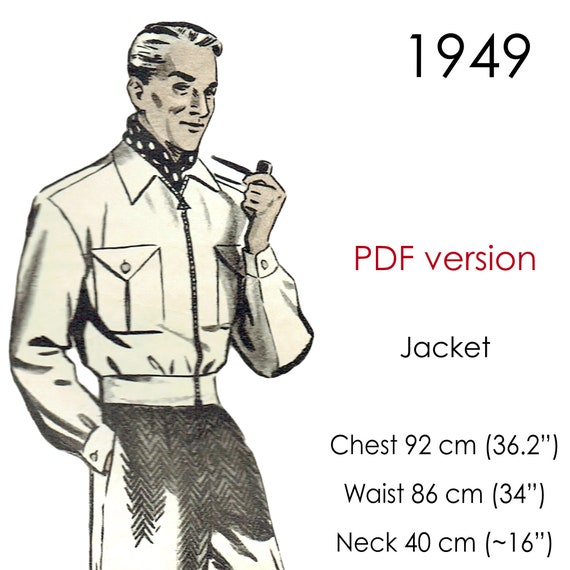 1940s Men's short jacket pattern. Zipped front, patch pockets. Original size: chest 92 cm (36")