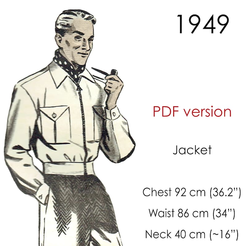 Op de afbeelding: Vintage illustratie van een jaspatroon uit 1949. De afbeelding toont een man die de jas draagt, met afmetingen: borst 92 cm, taille 86 cm en nek 40 cm. De tekst "PDF version" is ook aanwezig.