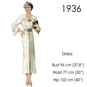 1930s Dress pattern. Long sleeves, V-neck and top-stitched details. Original vintage size for bust 96 cm (37" - 38")