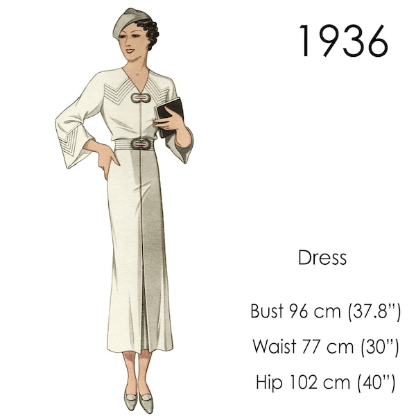 1930er Jahre Kleiderschnittmuster. Lange Ärmel, V-Ausschnitt und abgesteppte Details. Original Vintage Größe für Büste 96 cm