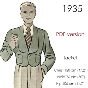 Op de afbeelding: Een vintage illustratie van een groen jasje met een dubbele rij knopen. Het jasje heeft twee zakken aan de voorkant en een enkele knoop aan elke manchet. De illustratie bevat tekst die luidt: "1935 PDF-versie Jasje Borst 120 cm (47,2") Taille 76 cm (30") Heup 106 cm (41,7")".