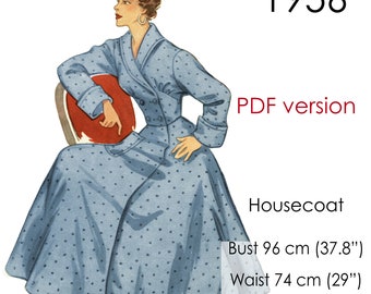 Housecoat robe pattern. 1950s robe with shawl collar, double-breasted buttons and patch pockets. Original vintage bust size 96 cm/ 37" - 38"