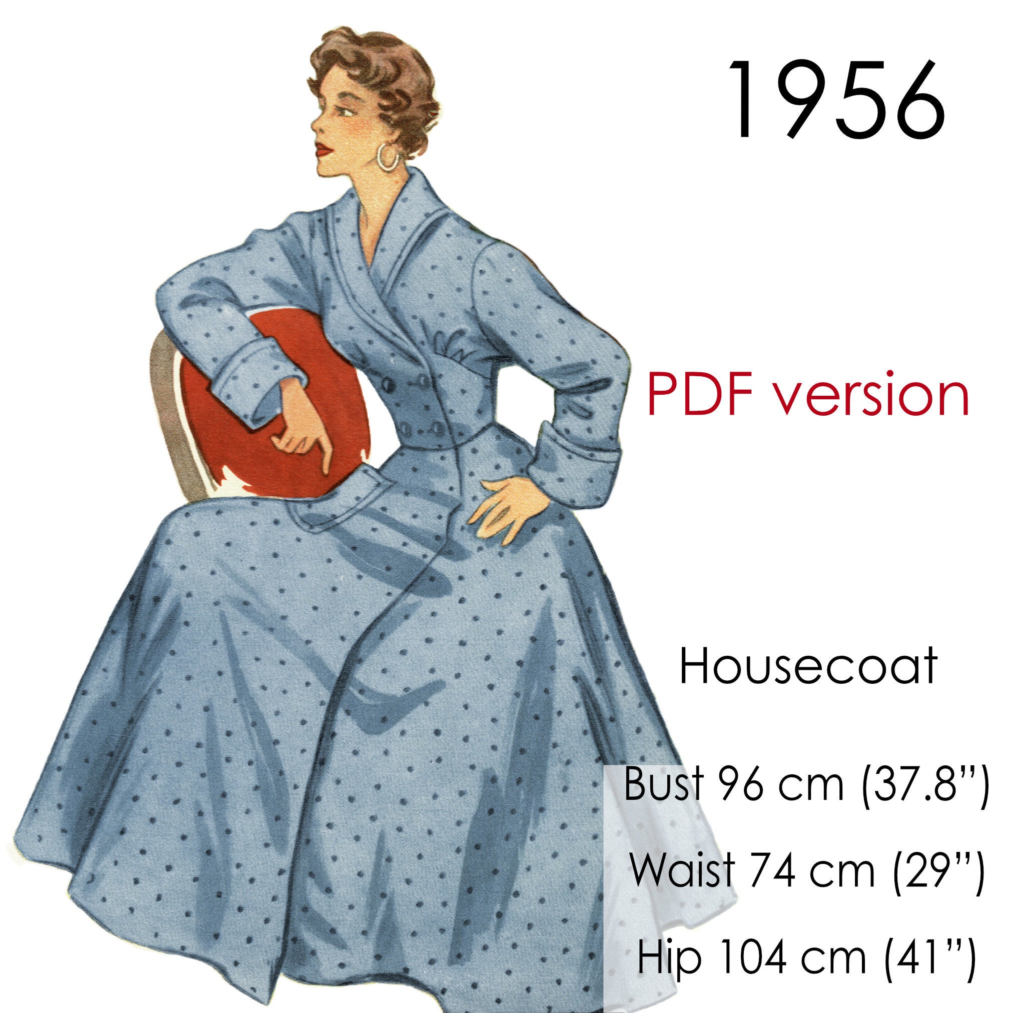 Housecoat robe pattern. 1950s robe with rever collar, double-breasted buttons and patch pocket. Original vintage size bust 96 cm (37" - 38")