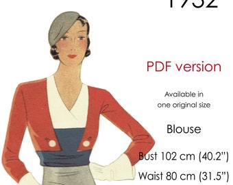 1930s Blouse pattern featuring colour-blocked panels and long sleeves. Original vintage size 102 cm/ 40" bust.