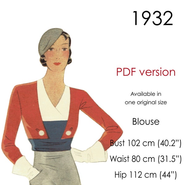 1930s Blouse pattern featuring colour-blocked panels and long sleeves. Original vintage size 102 cm/ 40" bust.