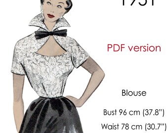 1950s Blouse sewing pattern. High collar, cut-on sleeves. Original size: bust 96 cm (37.8")